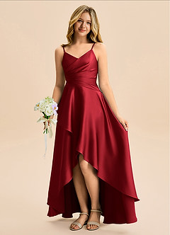Azazie Eirlys Junior Scarlet A-Line Pleated Stretch Satin Dress image1