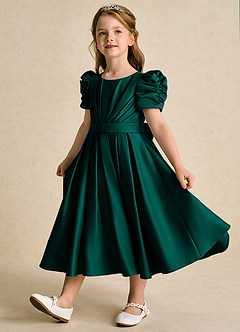 Azazie Miriam Flower Girl Dresses Pine Ball-Gown Pleated Matte Satin Dress image3