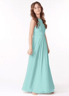 Azazie Bonnie Junior Aqua A-Line Pleated Chiffon Dress image2