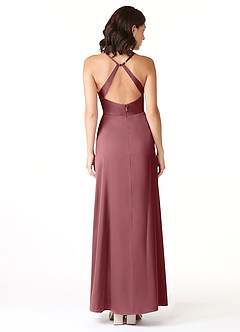 Azazie Geanna Bridesmaid Dresses Desert Rose Sheath V-Neck Pleated Stretch Satin Dress image2