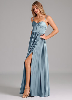 Azazie Akiko Bridesmaid Dresses Dusty Blue A-Line Sweetheart Neckline Stretch Satin Dress image6