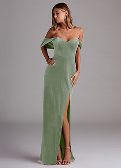Azazie Shay Robes de demoiselle d'honneur Robe Fourreau Convertible en velours Épaule décolletée Vert Sauge image1