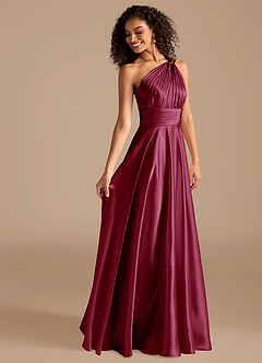 Azazie Charlize Bridesmaid Dresses Burgundy A-Line One Shoulder Metallic Satin Dress image6