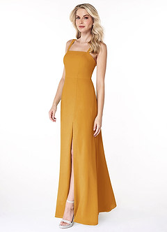 Azazie Jay Bridesmaid Dresses Butterscotch A-Line Square Neckline Side Slit Chiffon Dress image4