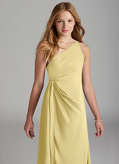 Azazie Mika Junior Robe Trapèze en Satin extensible Plissée Sorbet Citron image4