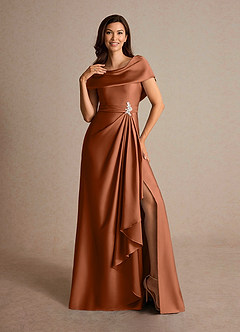 Azazie Branford At-home Try On Dresses Copper A-Line Pleated Stretch Satin Dress image6