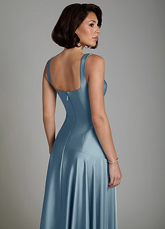 Azazie Reina At-home Try On Dresses Dusty Blue A-Line Pleated Stretch Satin Dress image7