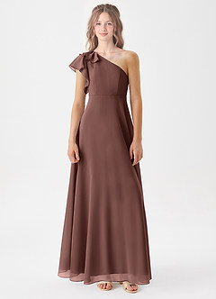Azazie Arabella Junior Abito A-Line in Chiffon Increspato Espresso image3