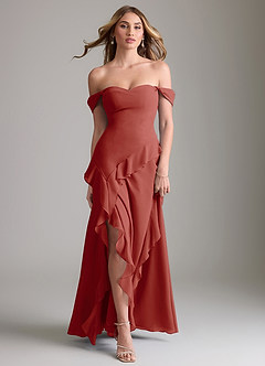 Azazie Sloane Vestidos de damas de honor Vestido de Terracota de Gasa de Corte en A con Escote de Corazón image5