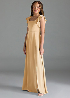 Azazie Bondi Junior Gold A-Line Side Slit Stretch Satin Dress image4