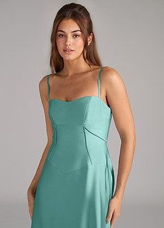Azazie Valentine Vestidos de damas de honor Vestido de Aqua de Satén Elástico de Corte en A con Corsé image6