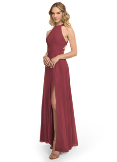 Azazie Clarice Vestidos de damas de honor Vestido de Merlot de Gasa de Corte en A con Halter image2