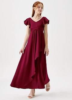 Azazie Omari Junior Burgundy A-Line Pleated Stretch Satin Dress image1
