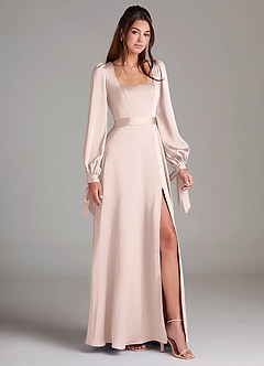 Azazie Leonia Bridesmaid Dresses Blushing Pink A-Line Long Sleeve Stretch Satin Dress image3