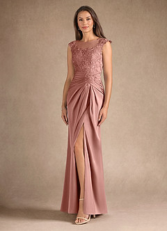 Azazie Santa Barbara Mother of the Bride Dresses Rosette Sheath Pleated Stretch Satin Dress image2
