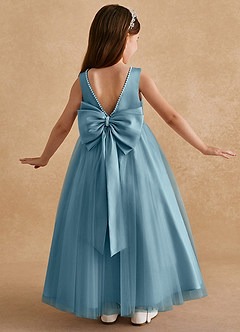 Azazie Cookie Blumenmädchenkleider A-Linie Schleifen Tüll Kleid Stimmungsvolles Blau image1