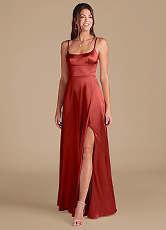Azazie Halsey Bridesmaid Dresses Rust A-Line Side Slit Metallic Satin Dress image3
