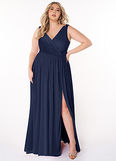Azazie Tanicia Brautjungfernkleider A-Linie V-Hals Gefaltet Gittergewebe Kleid Dunkelmarine image5
