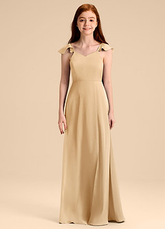 Azazie Everett Junior Vestido de Oro de Satén Elástico de Corte en A con Lazo image6