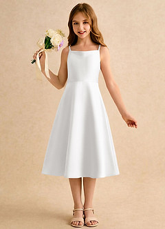 Azazie Jaella Girls Formal Blomsterpigekjoler A-Line Plisseret Mat satin Te-længde Kjole image4