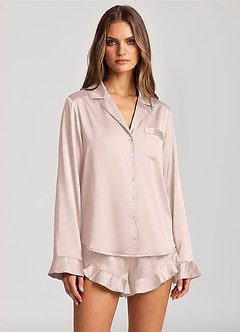 front Pyjamasset med långa ärmar och volang i satin