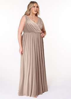 Azazie Tanicia Bridesmaid Dresses Taupe A-Line V-Neck Pleated Mesh Dress image8