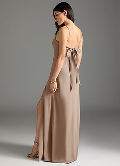 Azazie Melia Bridesmaid Dresses Taupe A-Line Bow Stretch Crepe Dress image1