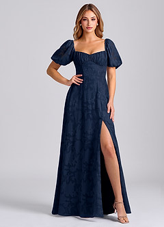 Azazie Mirian Brudtärnklänningar Klä av A-Linje i Blommig Utbrändhet Älskling Halsringning Mörk Marinblå image5