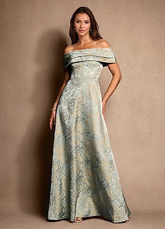 Azazie New Britain Essayer des robes à la maison Robe Trapèze en Jacquard Plissée Bleu Vintage image6
