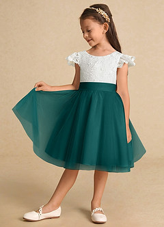 Azazie Vetty Flower Girl Dresses Ivory Peacock A-Line Lace Tulle Dress image4