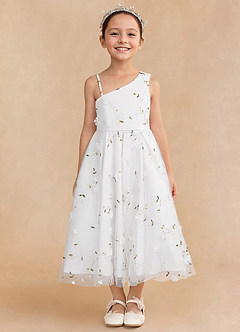 Azazie Ivilia Flower Girl Dresses Ivory A-Line One Shoulder Tulle Dress image2