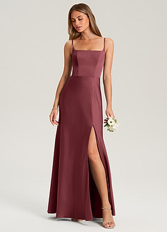 Azazie Lidia Bridesmaid Dresses Merlot Mermaid Side Slit Stretch Satin Dress image1