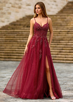 Milliener Burgundy Tulle Flowers Prom Dress image5