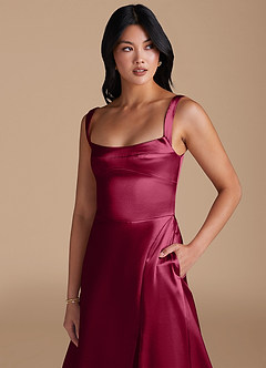 Azazie Hope Bridesmaid Dresses Burgundy A-Line with Pockets Metallic Satin Dress image3