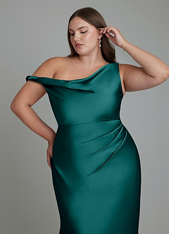 Azazie Emerson Bridesmaid Dresses Peacock Mermaid Off the Shoulder Stretch Satin Dress image12