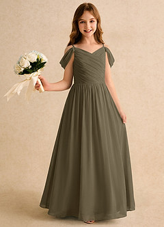 Azazie Chelo Girls Formal 플라워 걸 드레스 A라인 플리츠 쉬폰 플로어 길이 드레스 image1