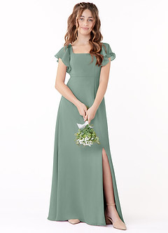 Azazie Bondi Junior Silver Sage A-Line Bow Chiffon Dress image1