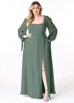 Azazie Leonia Bridesmaid Dresses Eucalyptus A-Line Long Sleeve Chiffon Dress image11