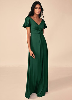 Azazie Soren Bridesmaid Dresses Dark Green A-Line Pleated Stretch Satin Dress image4