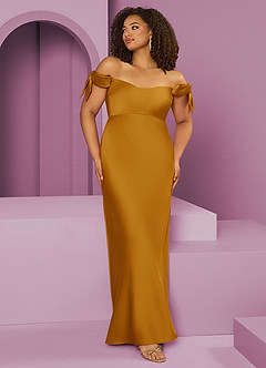 Barbie ♥ Azazie Bridesmaid Dresses Butterscotch Sheath Off the Shoulder Stretch Satin Convertible Dress image8