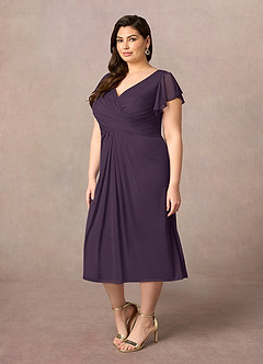 Azazie Vera Mother of the Bride Dresses Plum A-Line V-Neck Pleated Mesh Dress image7