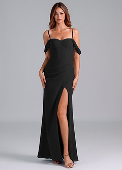 Azazie Asha At-home Try On Dresses Black Sheath Off the Shoulder Chiffon Convertible Dress image7