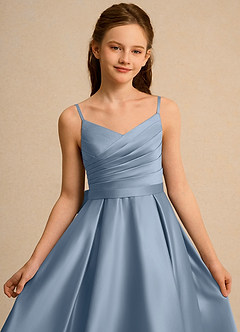 Azazie Sweets Girl Jurken voor bloemenmeisjes A-Lijn Jurk van Mat Satijn Geplooid Stoffig Blauw image6