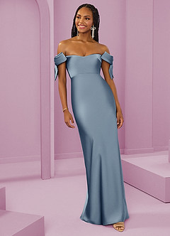 Barbie ♥ Azazie Bridesmaid Dresses Dusty Blue Sheath Off the Shoulder Stretch Satin Convertible Dress image4
