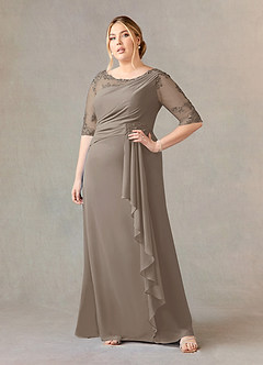 Azazie Dionysus Mother of the Bride Dresses Taupe A-Line Boatneck Lace Chiffon Dress image6