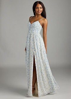 Azazie Alia Bridesmaid Dresses Blue And White Ditsy Floral A-Line Pleated Chiffon Dress image5
