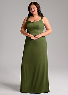 Azazie Denice Bridesmaid Dresses Olive Sheath Pleated Stretch Satin Dress image6