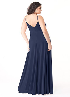 Azazie Evalin Vestidos de damas de honor Vestido de Azul Marino Oscuro de Malla de Corte en A con Cuello en V Plisado image8