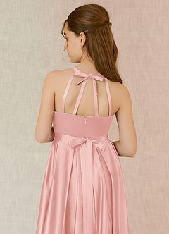 Azazie Arianthe Junior Powder Pink A-Line with Pockets Stretch Satin Dress image7