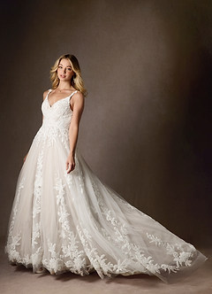 Azazie Delaina Vestidos de novia Vestido de Blanco Diamante Arena de Tul de Corte en A con Lentejuelas cuello pico image6